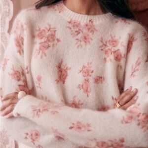 Sezane Floral Crew Neck Sweater - Cream and Pink